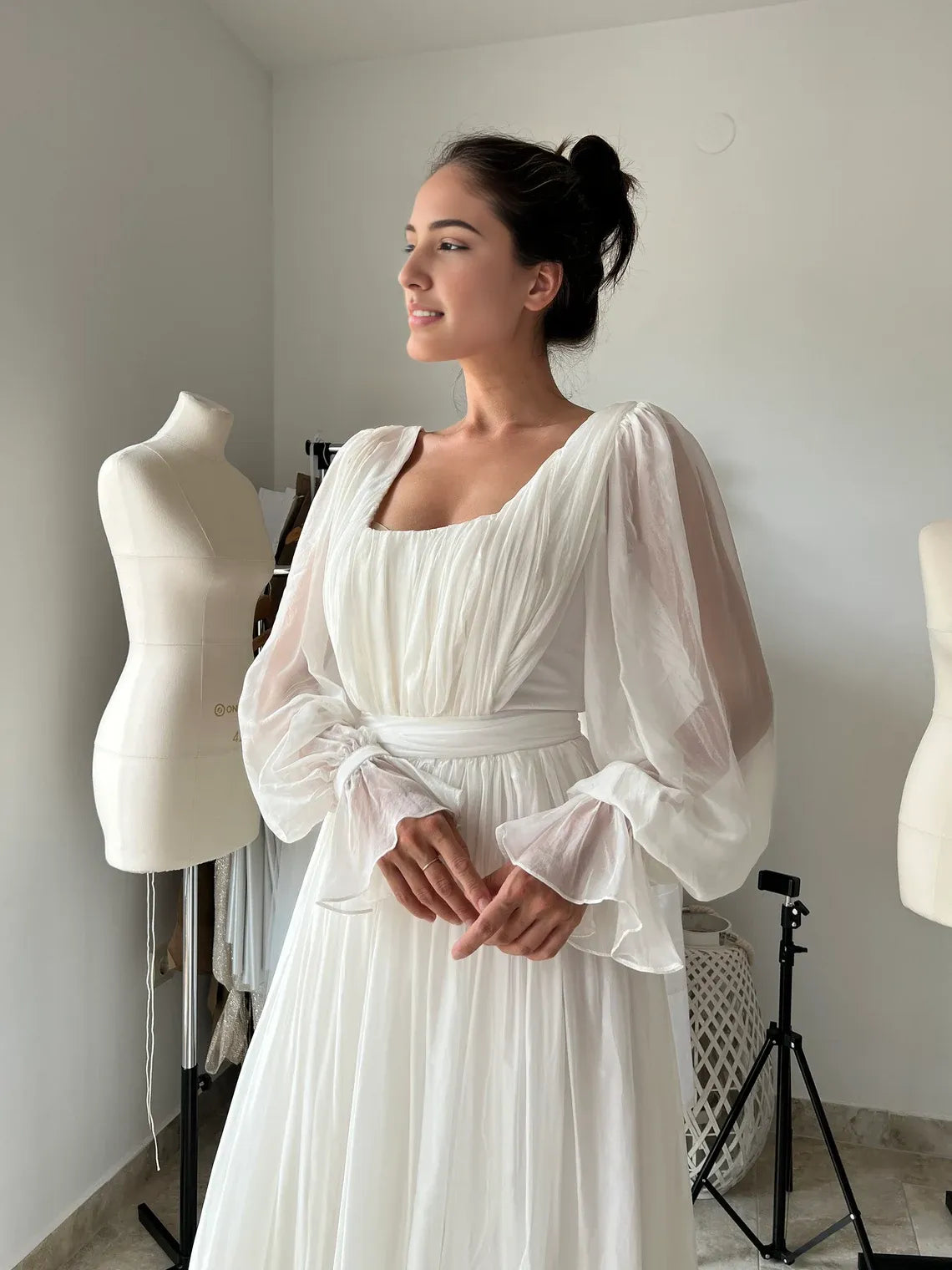 Modern Wedding Dress Minimalist Chiffon Modest Wedding Dress Long Sleeves Square Neck Pleated Floor Length Bride Dress