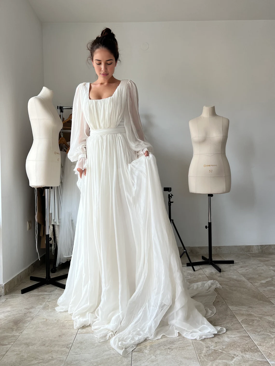 Modern Wedding Dress Minimalist Chiffon Modest Wedding Dress Long Sleeves Square Neck Pleated Floor Length Bride Dress
