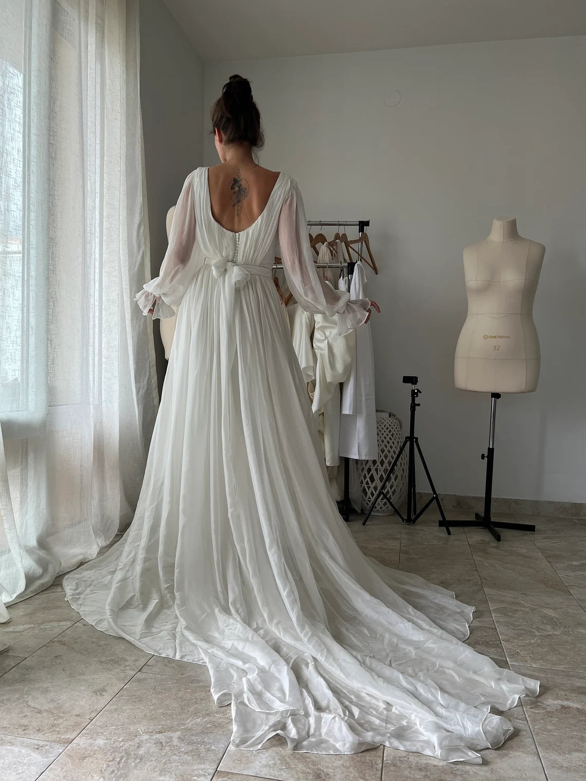 Modern Wedding Dress Minimalist Chiffon Modest Wedding Dress Long Sleeves Square Neck Pleated Floor Length Bride Dress