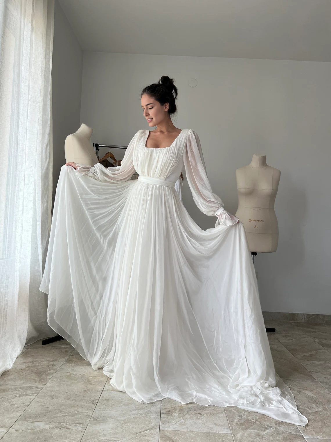 Modern Wedding Dress Minimalist Chiffon Modest Wedding Dress Long Sleeves Square Neck Pleated Floor Length Bride Dress