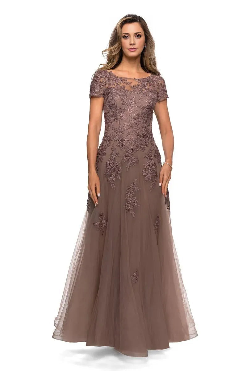 Modern A-Line Scoop Neck Short Sleeve Zipper Up Floor-Length Mother of the Bride Dress