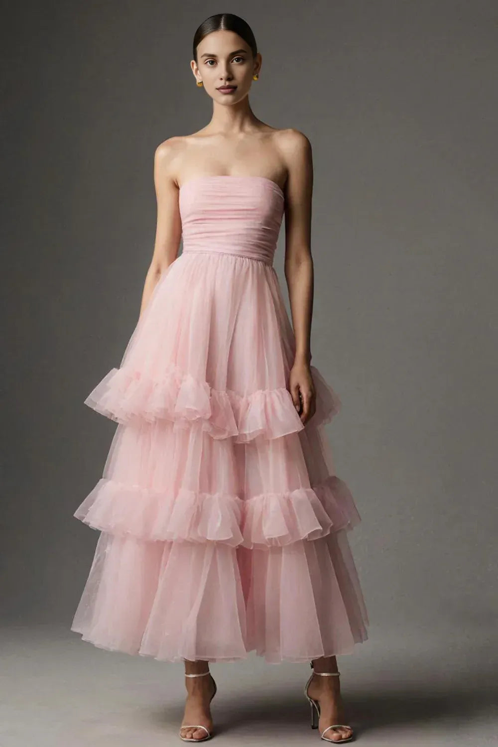 Modern A Line Sleeveless Strapless Satin Tiered Ankle-Length Prom Dress
