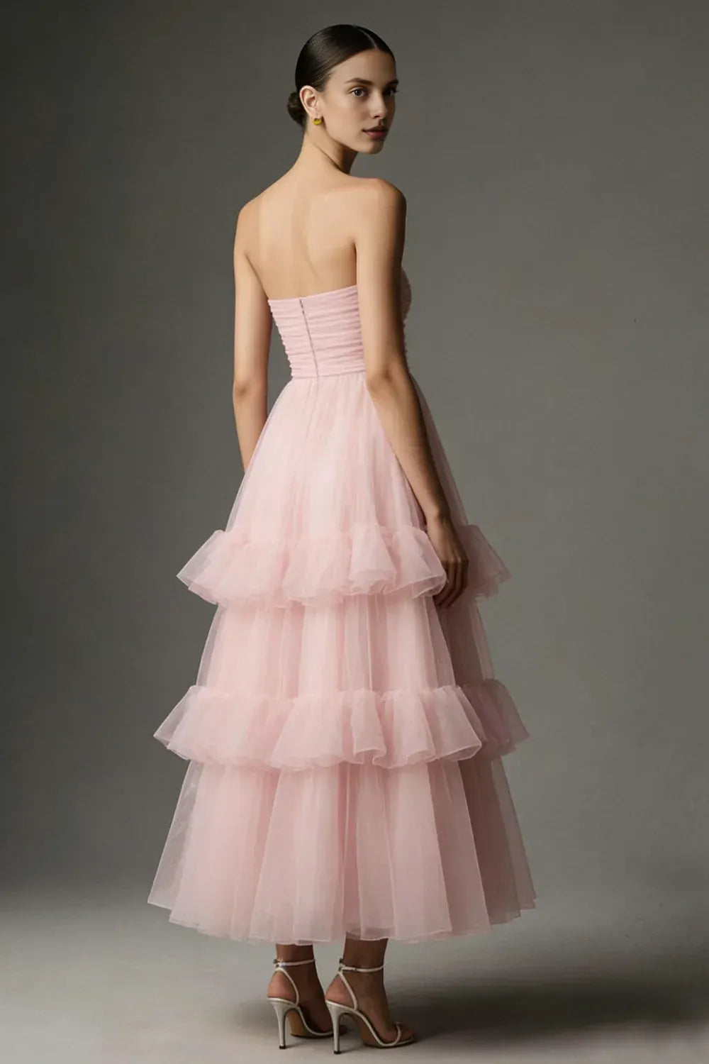 Modern A Line Sleeveless Strapless Satin Tiered Ankle-Length Prom Dress