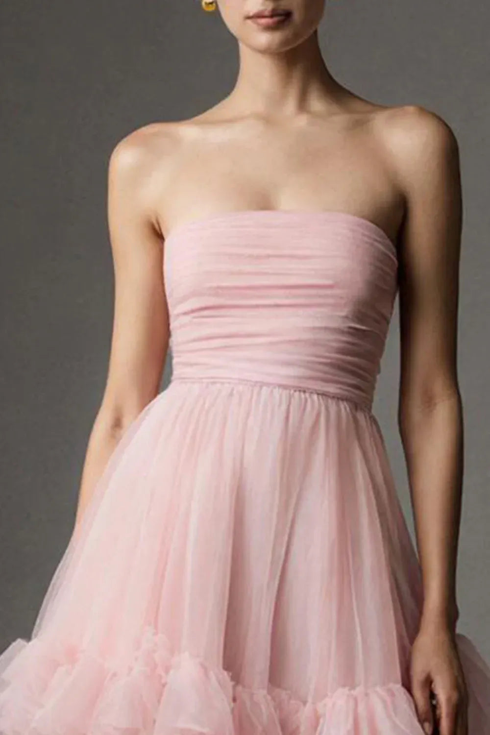 Modern A Line Sleeveless Strapless Satin Tiered Ankle-Length Prom Dress