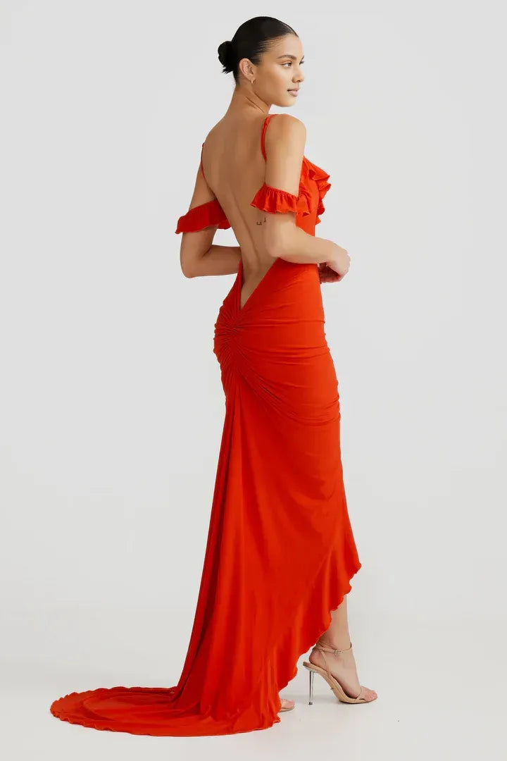 Modern Fitted Spaghetti Straps Sleeveless Ruffled Floor-Length Prom Dress