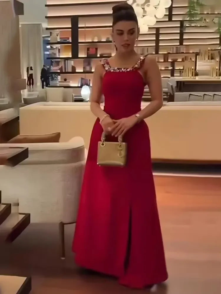 Modern Square Neck Sleeveless Sheath Pleated Satin Sweep Train Prom Dress