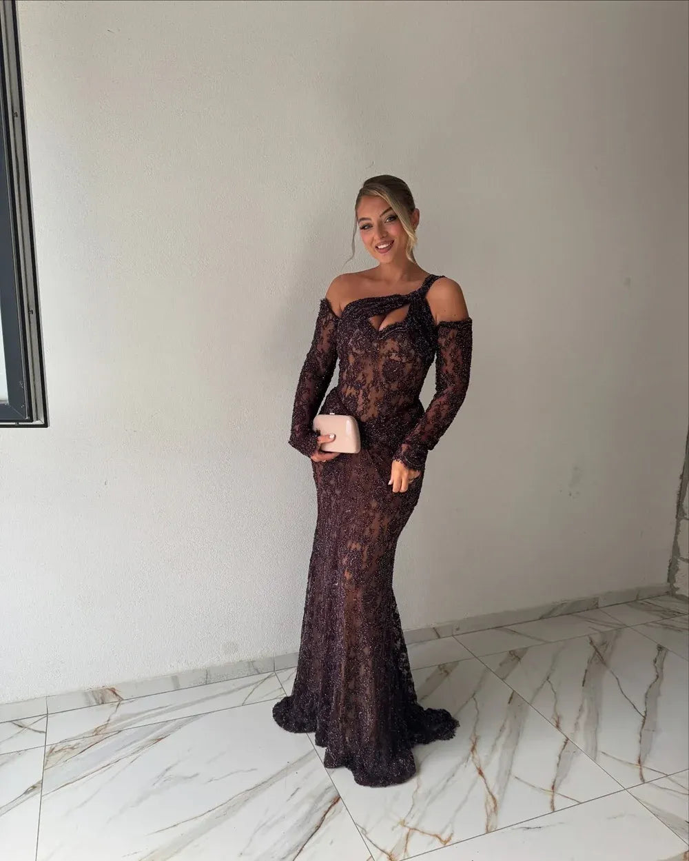 Modest One Shoulder Long Sleeves Bodycon Ruched Lace Sweep Train Prom Dress