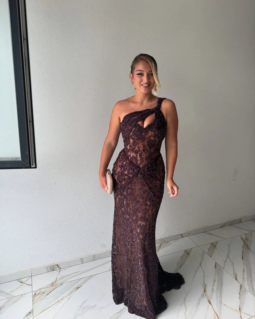 Modest One Shoulder Long Sleeves Bodycon Ruched Lace Sweep Train Prom Dress