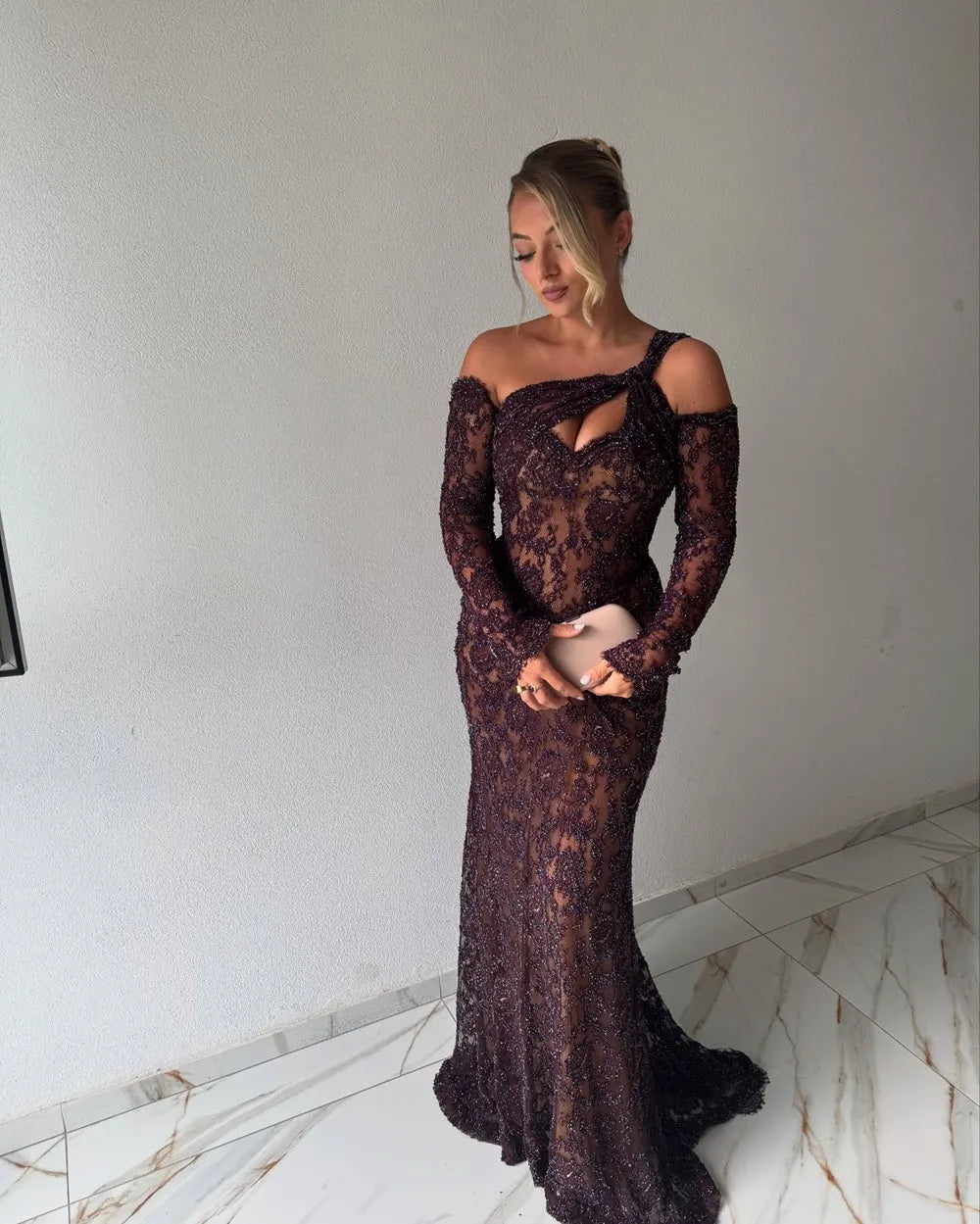 Modest One Shoulder Long Sleeves Bodycon Ruched Lace Sweep Train Prom Dress