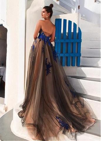 Prom Dresses Stores Modest Tulle Strapless A-line Long Prom Dresses With Lace Appliques  Formal Women's Dresses