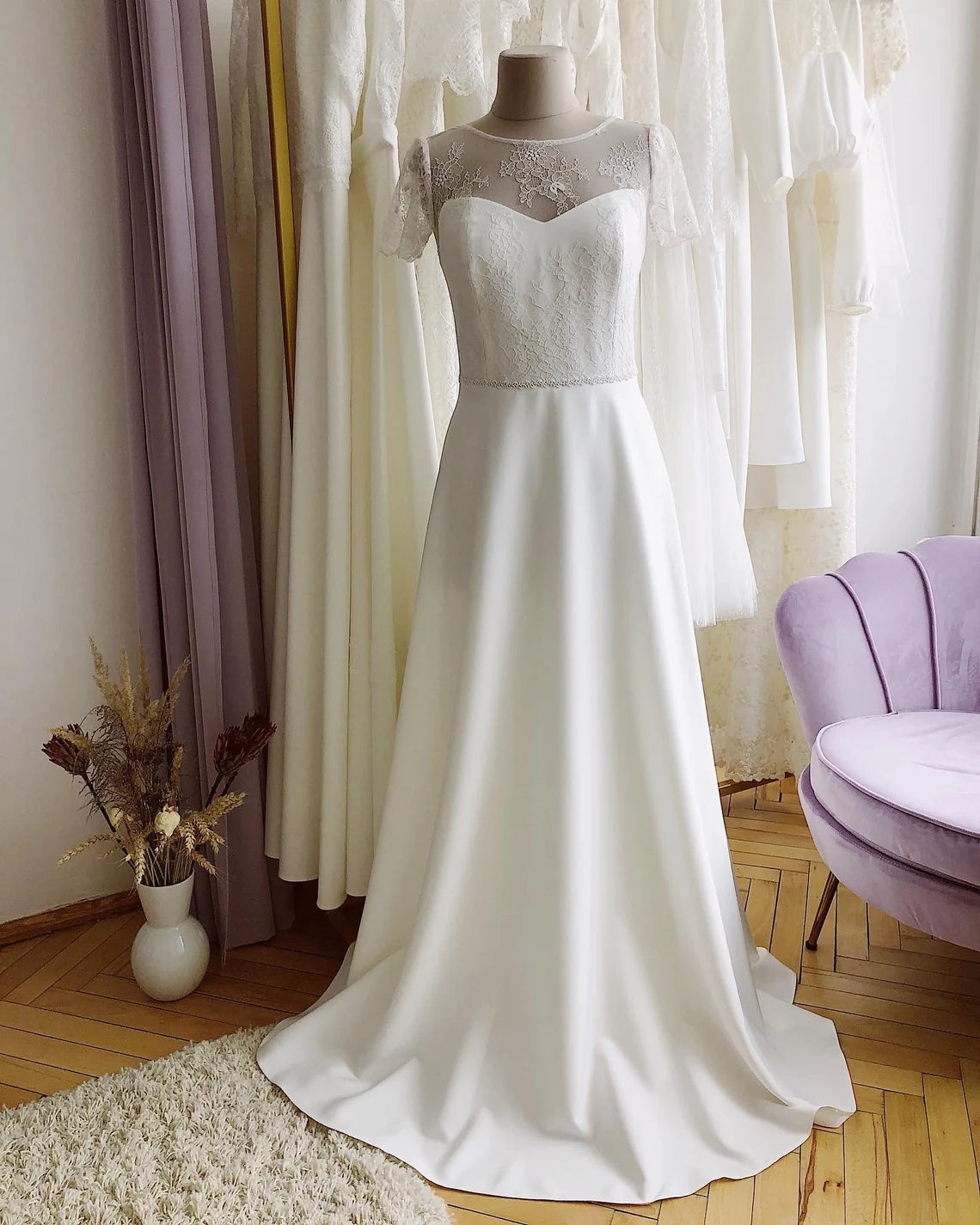 Modest Lace Wedding Dress Boho Style Casual Short Sleeve Deep Open Back Simple Romantic For Rustic Wedding Floor Length
