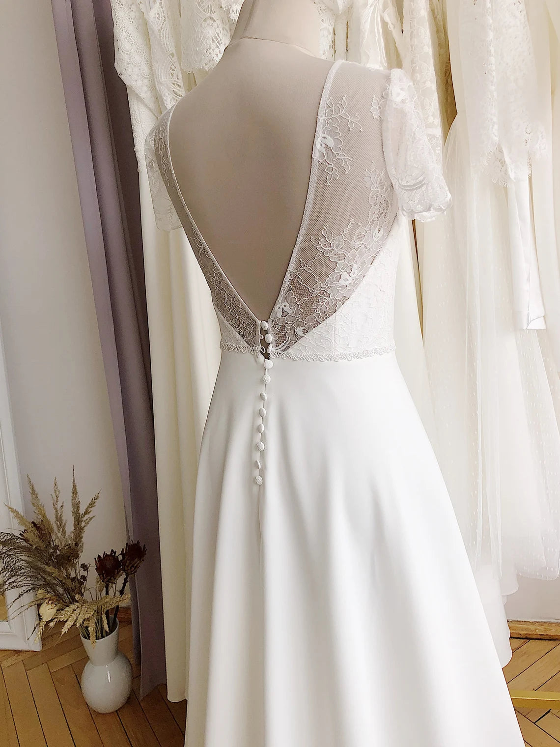Modest Lace Wedding Dress Boho Style Casual Short Sleeve Deep Open Back Simple Romantic For Rustic Wedding Floor Length