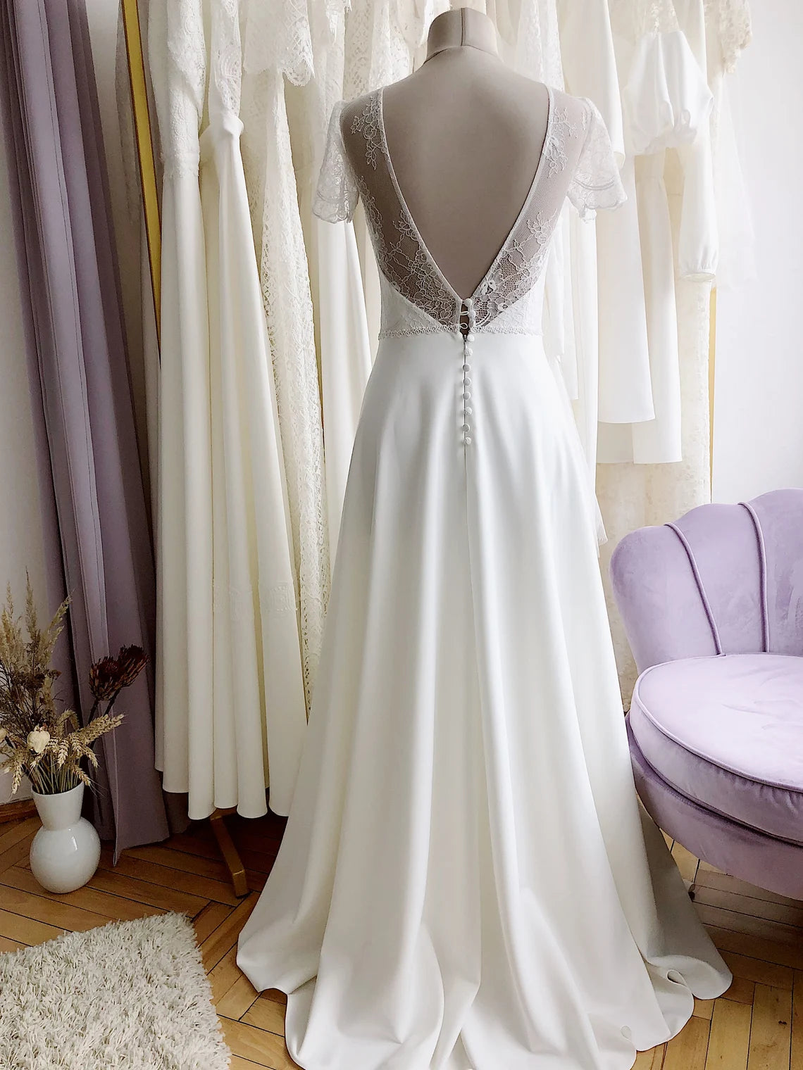 Modest Lace Wedding Dress Boho Style Casual Short Sleeve Deep Open Back Simple Romantic For Rustic Wedding Floor Length