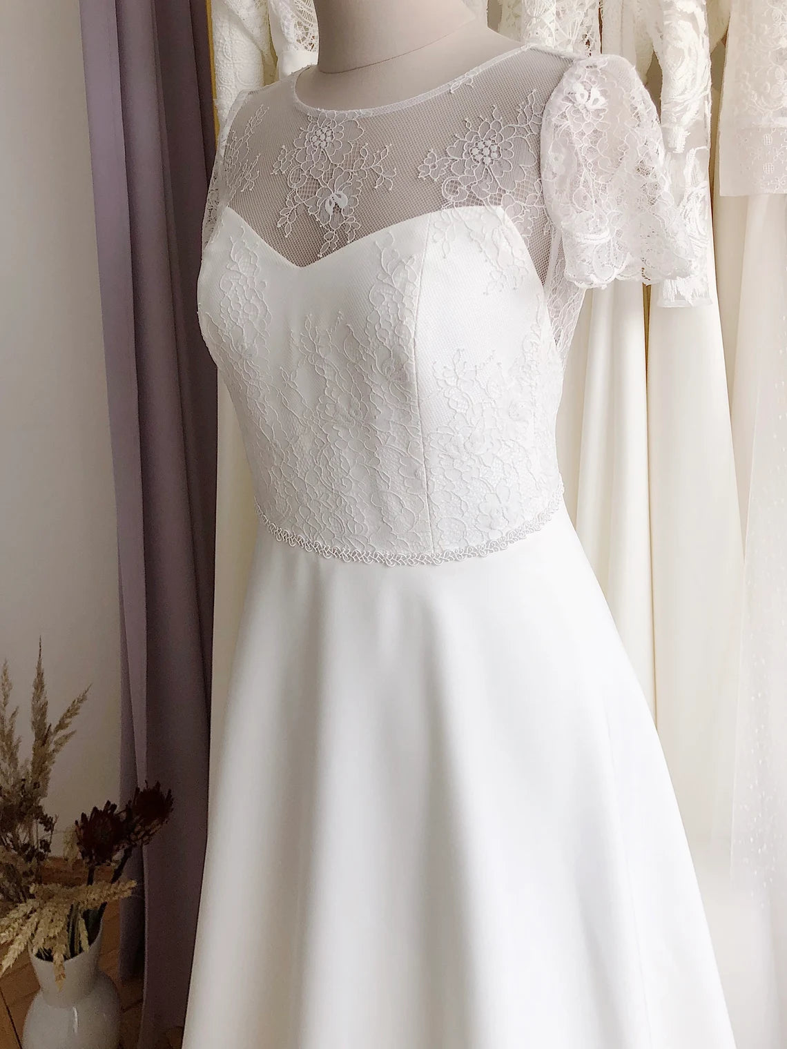 Modest Lace Wedding Dress Boho Style Casual Short Sleeve Deep Open Back Simple Romantic For Rustic Wedding Floor Length