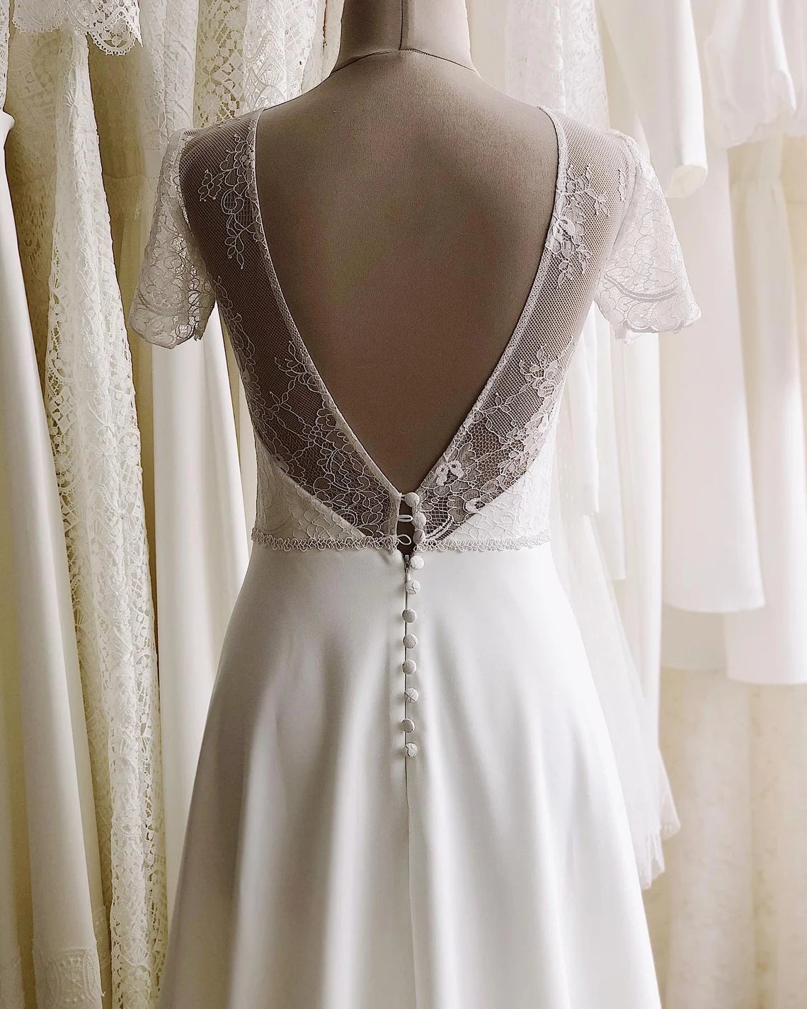 Modest Lace Wedding Dress Boho Style Casual Short Sleeve Deep Open Back Simple Romantic For Rustic Wedding Floor Length