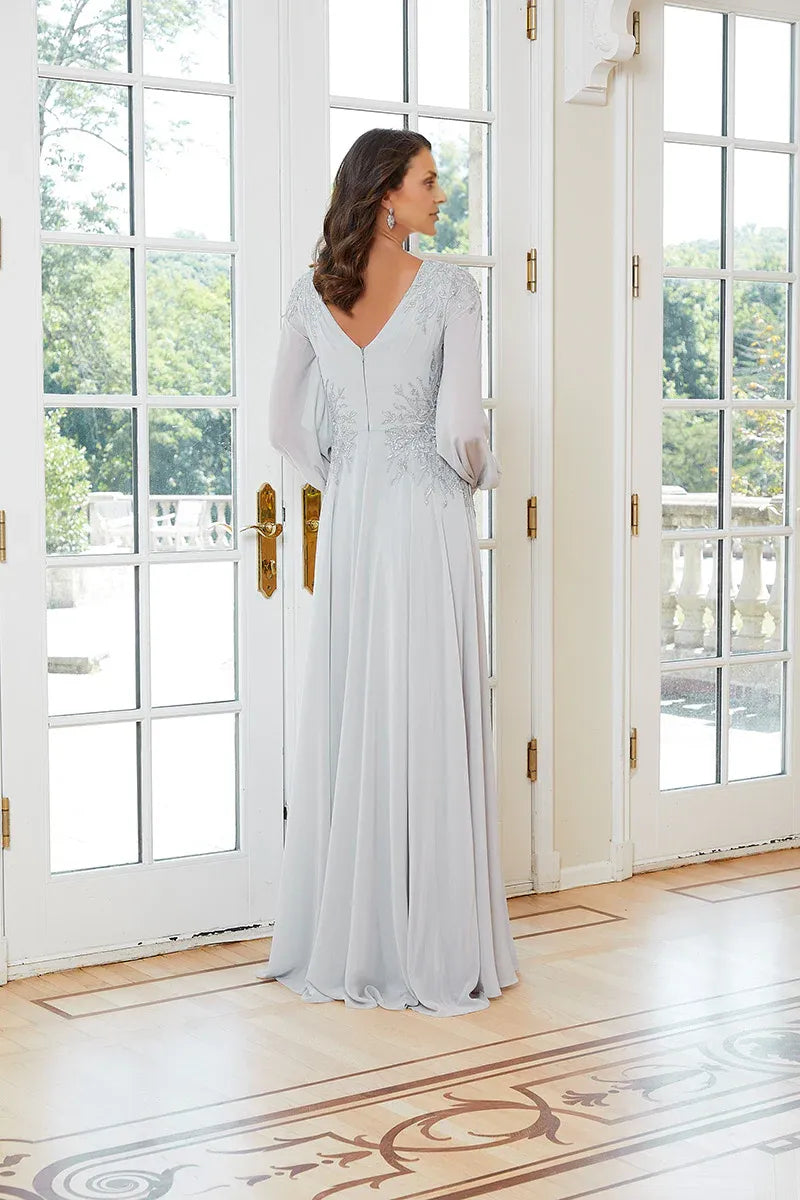 Mom Of The Bride Dressbride Mother Dress Chiffon Draped V Neck Sheer Long Sleeves With Lace Appliques Mother Of The Bride Stores With Prom Dresses