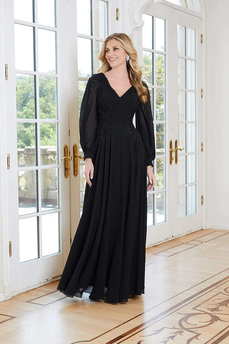 Mom Of The Bride Dressbride Mother Dress Chiffon Draped V Neck Sheer Long Sleeves With Lace Appliques Mother Of The Bride Stores With Prom Dresses