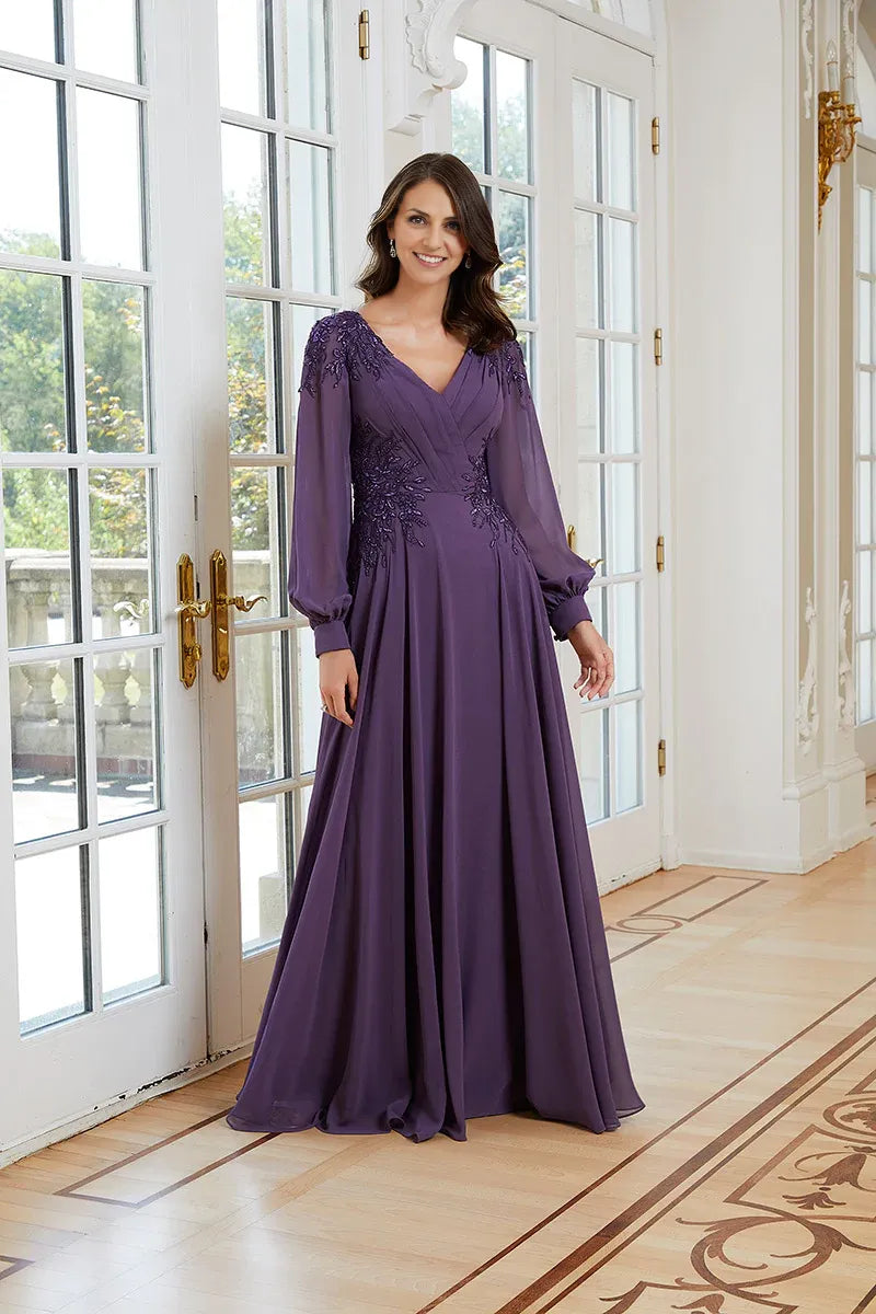 Mom Of The Bride Dressbride Mother Dress Chiffon Draped V Neck Sheer Long Sleeves With Lace Appliques Mother Of The Bride Stores With Prom Dresses