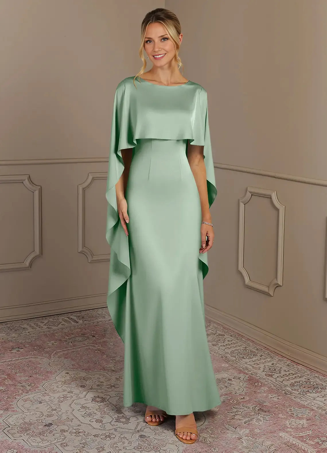 Weitese Dress Sheath Boat Neck Satin Mother Of The Bride Evening Dress Minimalist Cape Sleeve Cascading Ruffles Mother Of The Groom Dresses