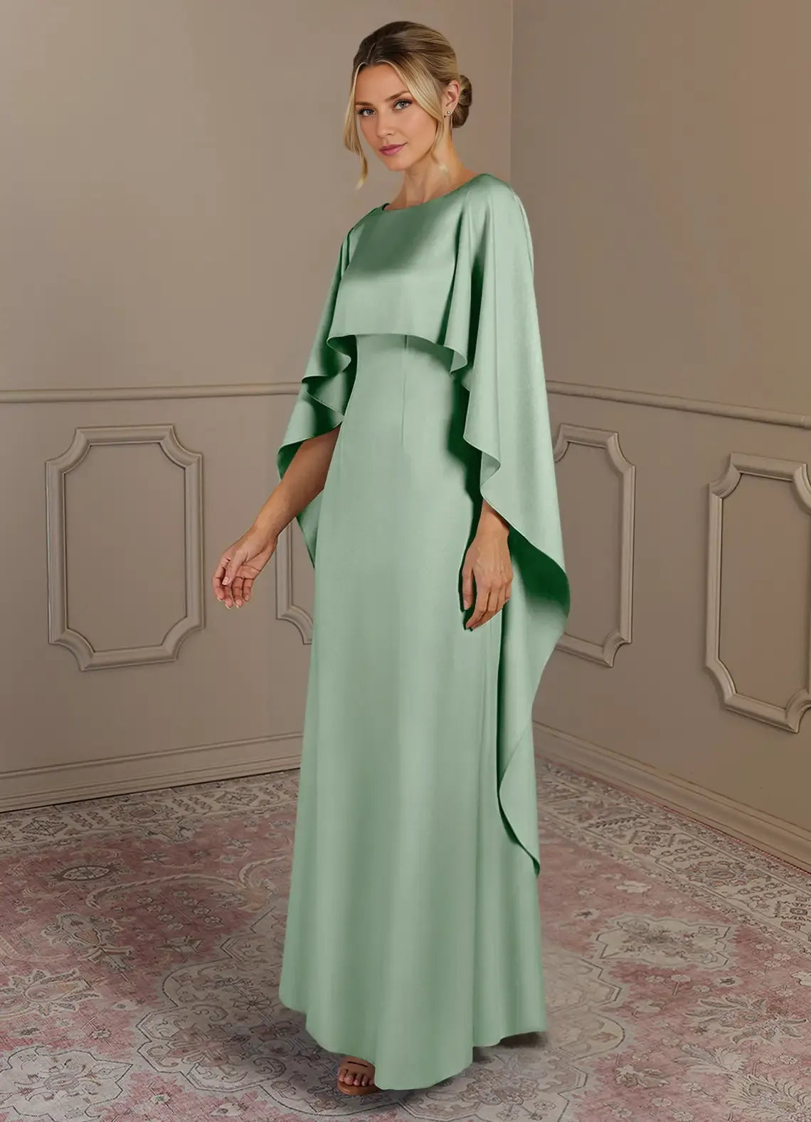 Weitese Dress Sheath Boat Neck Satin Mother Of The Bride Evening Dress Minimalist Cape Sleeve Cascading Ruffles Mother Of The Groom Dresses