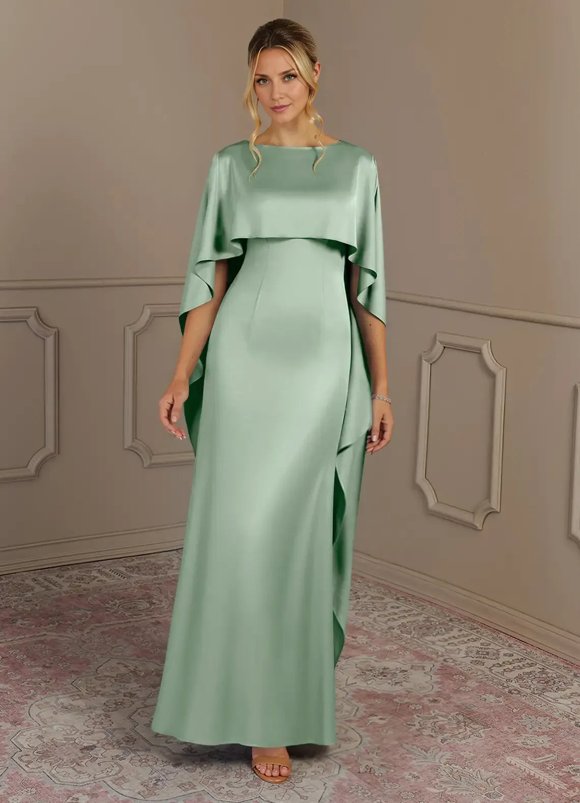 Weitese Dress Sheath Boat Neck Satin Mother Of The Bride Evening Dress Minimalist Cape Sleeve Cascading Ruffles Mother Of The Groom Dresses