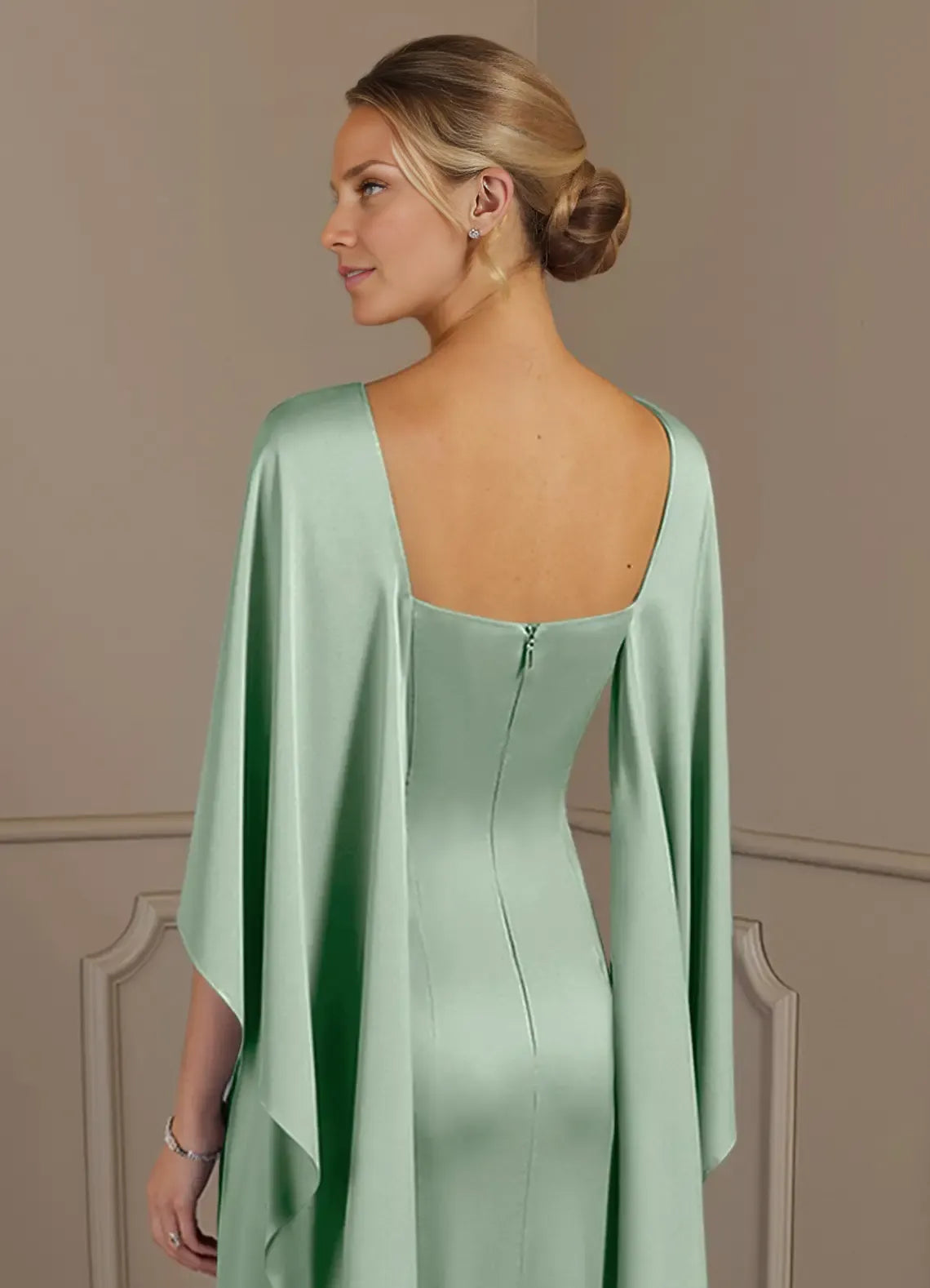 Weitese Dress Sheath Boat Neck Satin Mother Of The Bride Evening Dress Minimalist Cape Sleeve Cascading Ruffles Mother Of The Groom Dresses