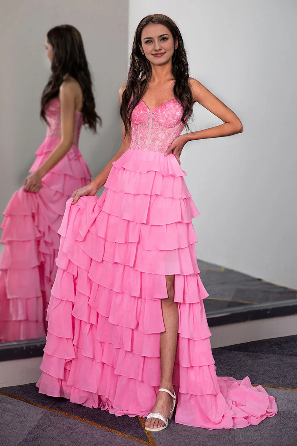 Multi Layer Strapless Prom Dress with Leaf Lace Corset Top With Train