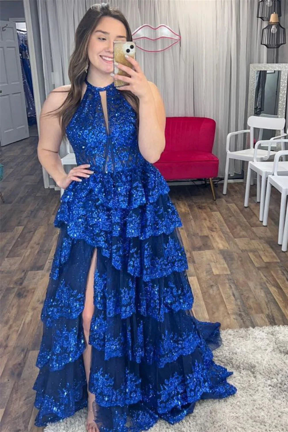 Multi Layer Gorgeous A Line Halter Neck Royal Blue Corset Slit Prom Dress with Lace Ruffles