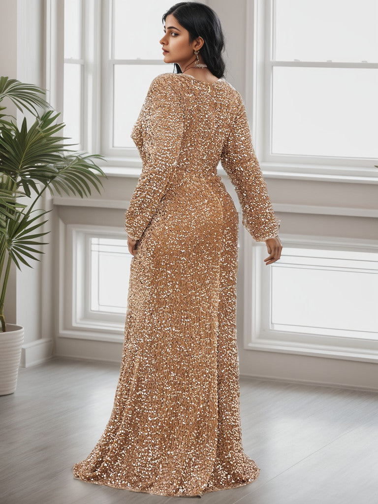 Robe de soirée moulante grande taille à manches longues et sequins, fendue sur le devant