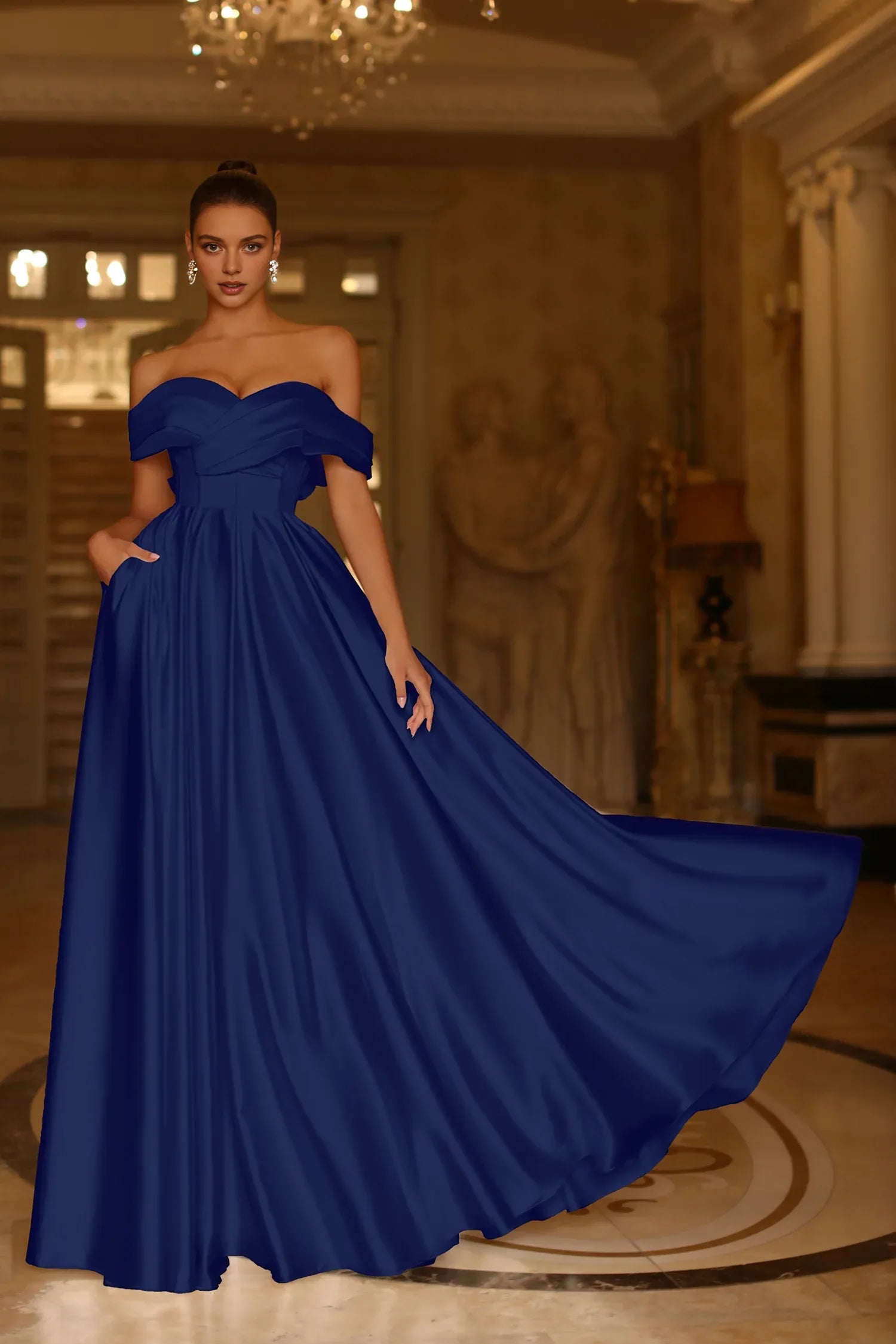 Weitese Dress A Line Long Pleated Formal Prom Dress Off the Shoulder Floor-Length Sleeveless Evening Dress