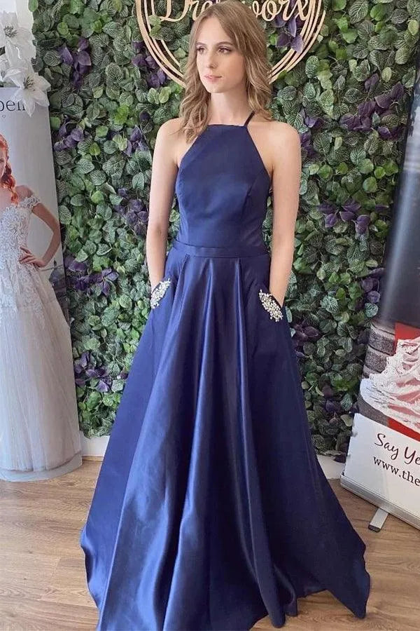 Halter Neck Open Back Beaded Pocket A-Line Satin Prom Gown
