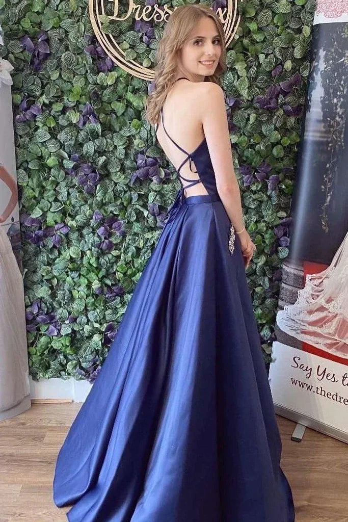 Halter Neck Open Back Beaded Pocket A-Line Satin Prom Gown