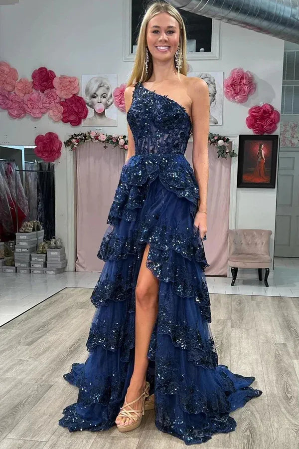 Navy Blue One Shoulder Sequin Lace Tiered Ruffle High Slit Tulle Prom Dress