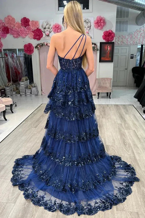 Navy Blue One Shoulder Sequin Lace Tiered Ruffle High Slit Tulle Prom Dress