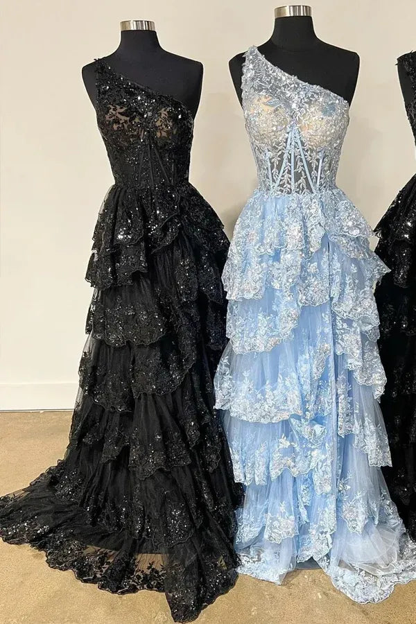 Navy Blue One Shoulder Sequin Lace Tiered Ruffle High Slit Tulle Prom Dress