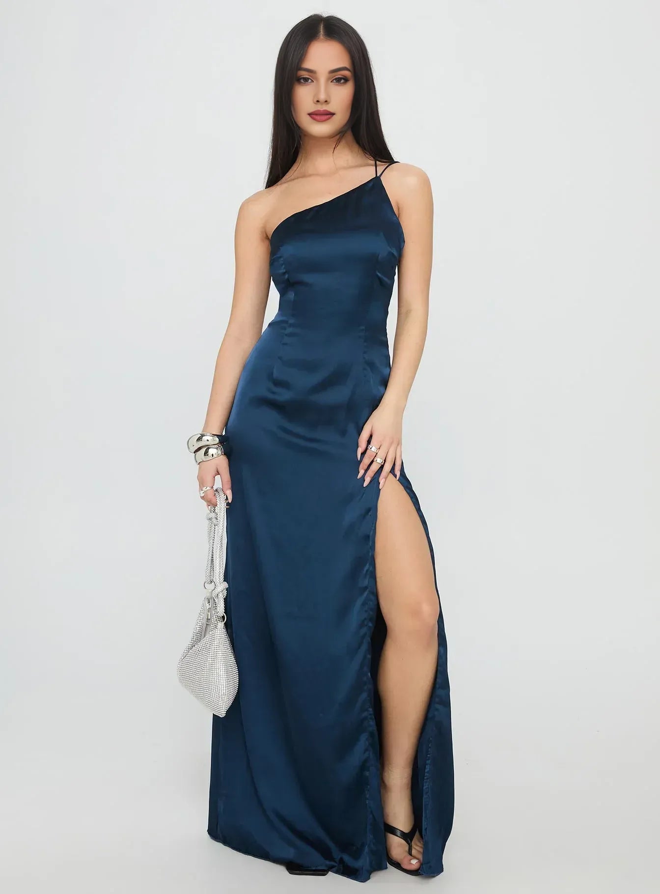 Navy Blue Satin One - Shoulder Backless Maxi Dress with Side Slit Prom Dresses