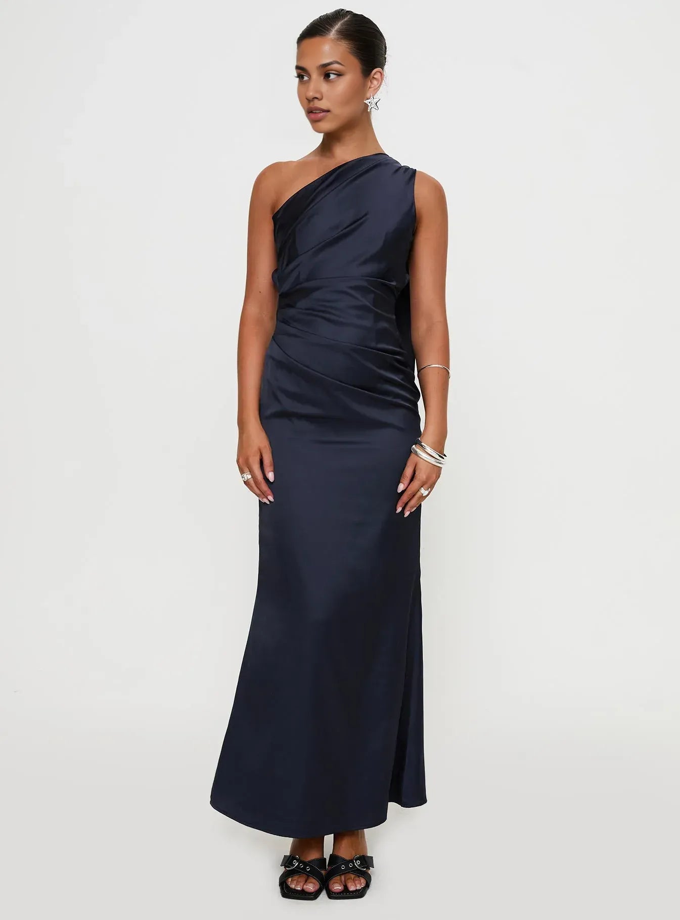 Navy Blue Satin One - Shoulder Backless Maxi Dress Elegant Prom Dresses for Ladies