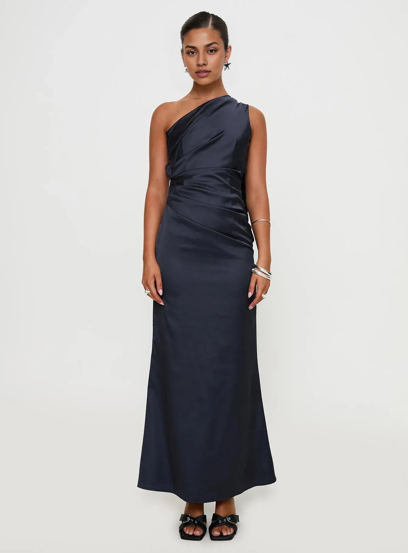 Navy Blue Satin One - Shoulder Backless Maxi Dress Elegant Prom Dresses for Ladies