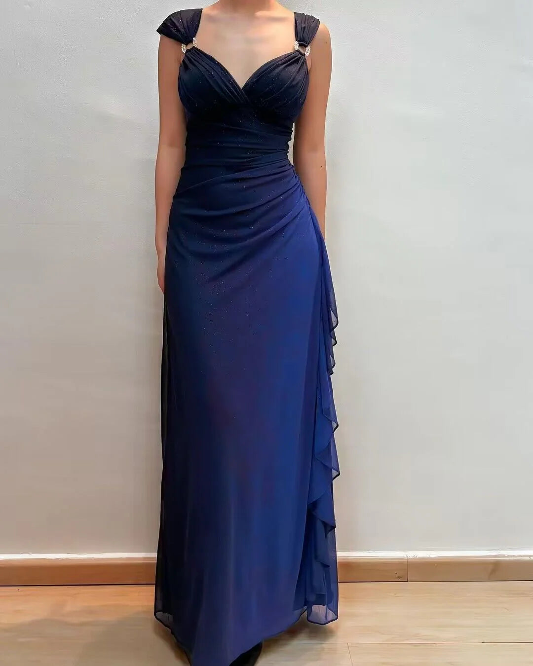 Weitese Formal Women's Dresses V Neck Navy A Line Long Prom Dresses With Ruffles Prom Dresses Stores