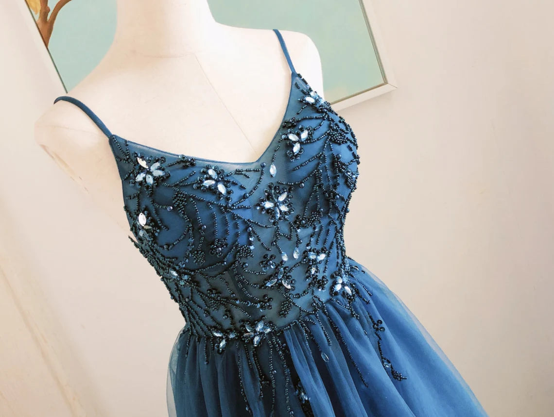 Navy Beaded Tulle Spaghetti Straps Backless Sleeveless Floor Length Prom Dress With Slit