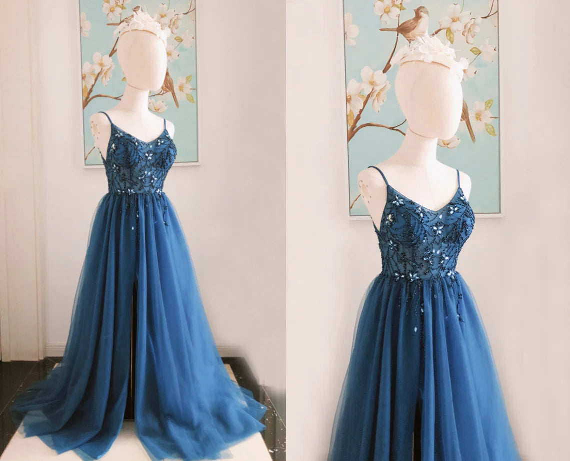 Navy Beaded Tulle Spaghetti Straps Backless Sleeveless Floor Length Prom Dress With Slit