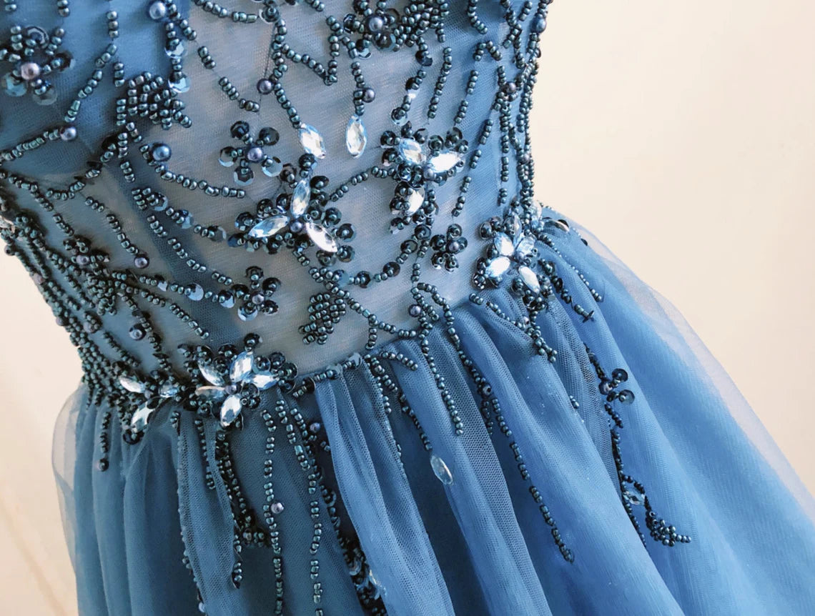 Navy Beaded Tulle Spaghetti Straps Backless Sleeveless Floor Length Prom Dress With Slit