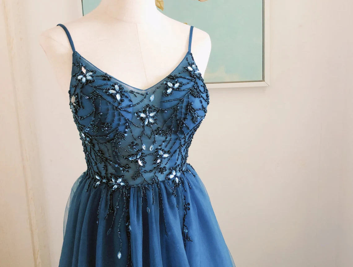 Navy Beaded Tulle Spaghetti Straps Backless Sleeveless Floor Length Prom Dress With Slit