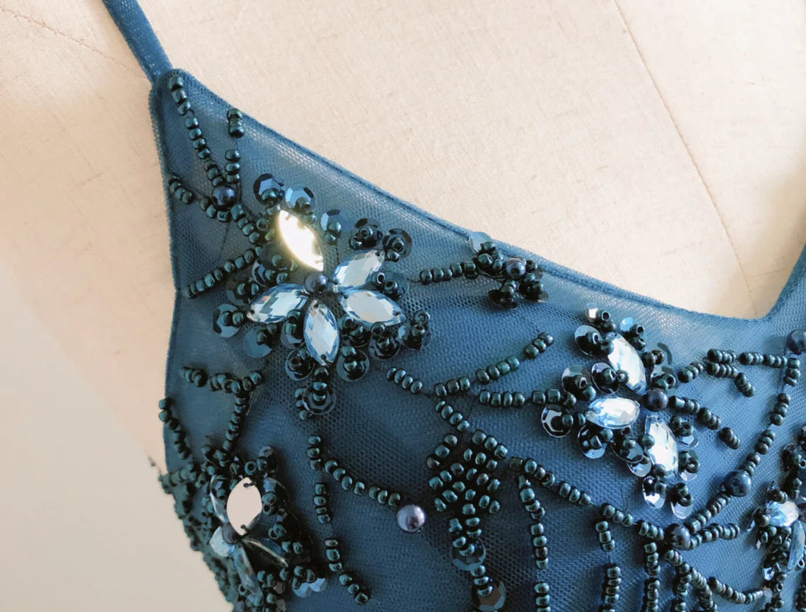 Navy Beaded Tulle Spaghetti Straps Backless Sleeveless Floor Length Prom Dress With Slit