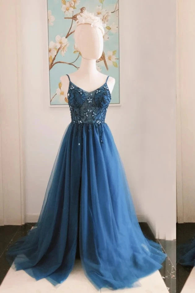 Navy Beaded Tulle Spaghetti Straps Backless Sleeveless Floor Length Prom Dress With Slit