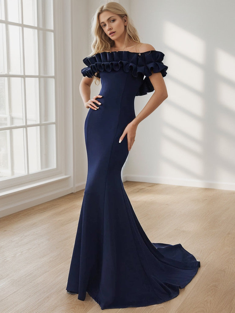 Weitese Off the Shoulder A Line Mermaid Maxi Evening Gown