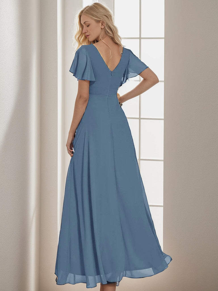 Charmante robe de demoiselle d'honneur en mousseline de soie Weitese avec ourlet en feuille de lotus