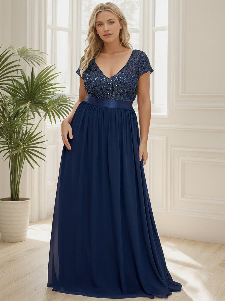 Robe de soirée Weitese grande taille en mousseline de soie, taille empire, col en V, manches courtes