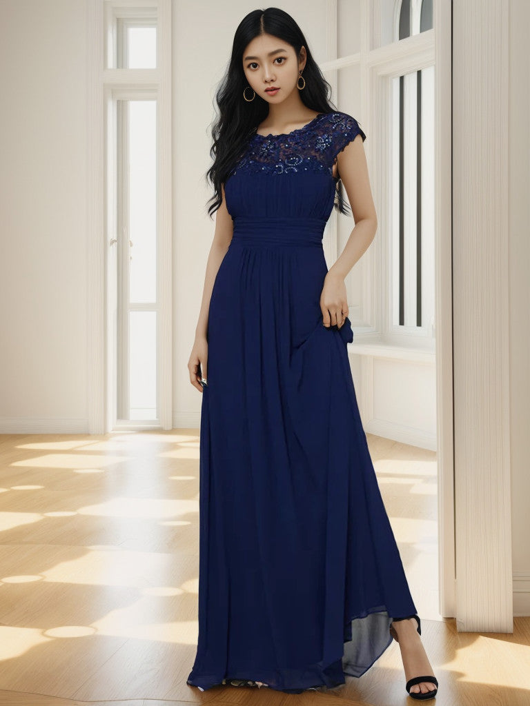 Weitese Maxi Lace Cap Sleeve Long Formal Evening Dress