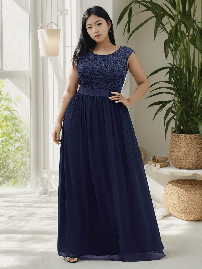 Robe de demoiselle d'honneur Weitese grande taille, classique, col rond, dos en V, coupe trapèze, en mousseline de soie et dentelle